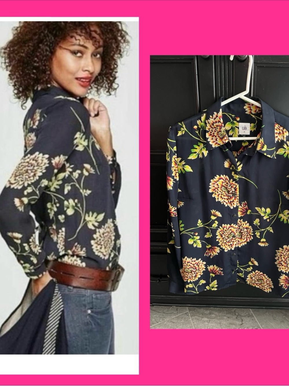 CAbi Navy Floral Button-Down Shirt with Yellow-Cream Blooms